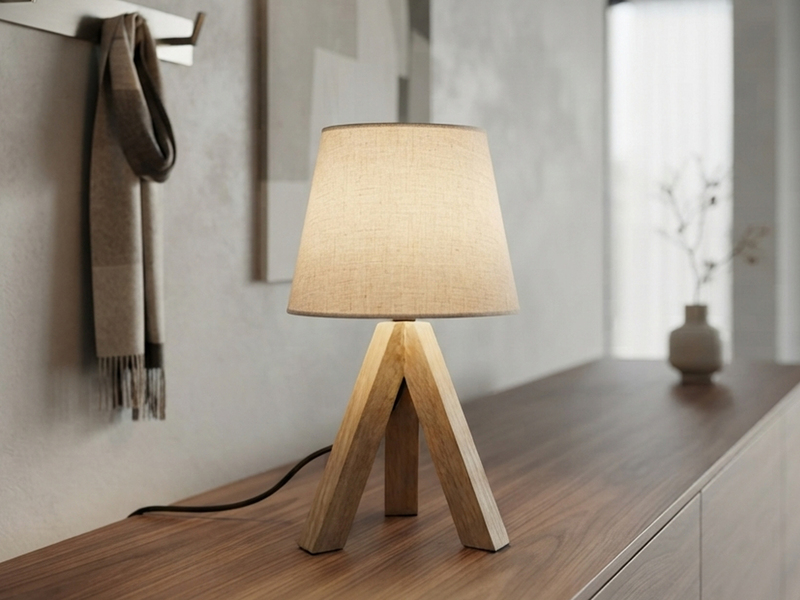 Tischlampe mit Holz Dreibein & E14 Leinen Stoffschirm Beige, Höhe 27cm