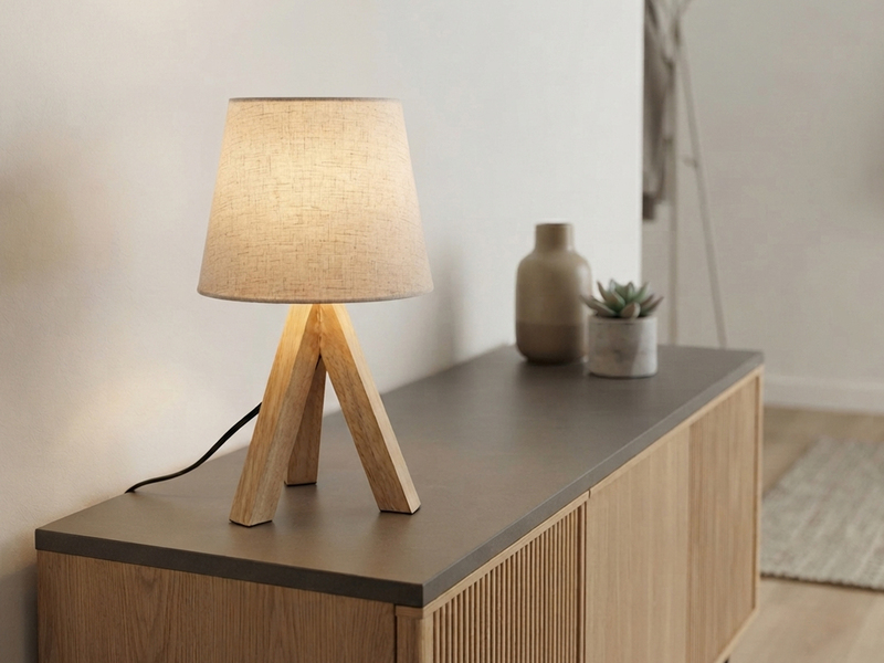 Tischlampe mit Holz Dreibein & E14 Leinen Stoffschirm Beige, Höhe 27cm