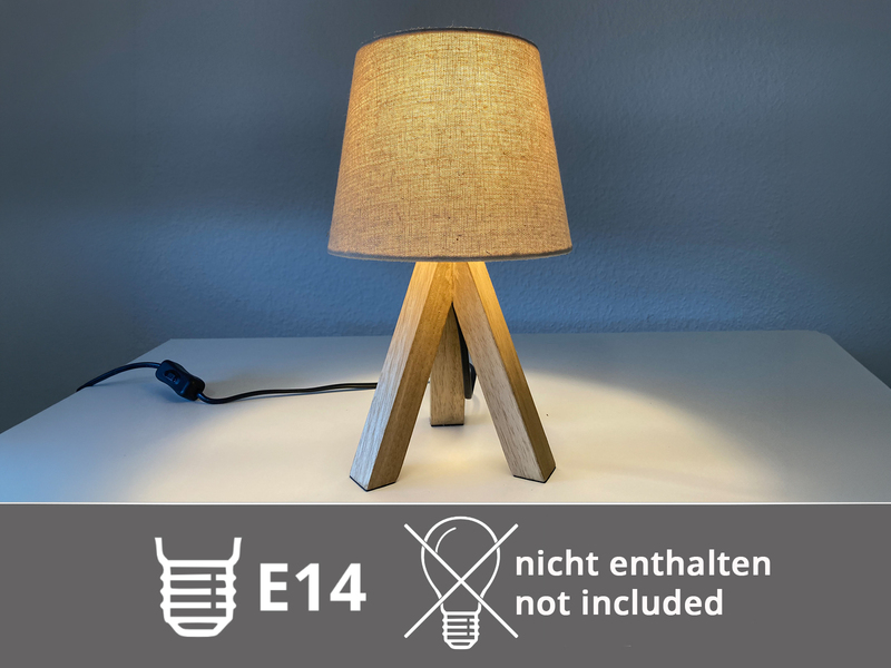 Tischlampe mit Holz Dreibein & E14 Leinen Stoffschirm Beige, Höhe 27cm