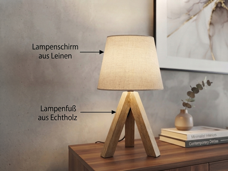 Tischlampe mit Holz Dreibein & E14 Leinen Stoffschirm Beige, Höhe 27cm