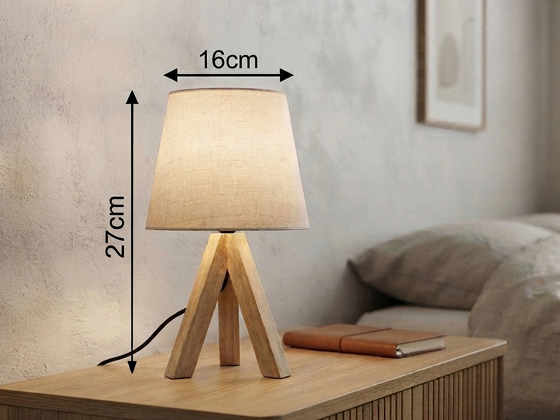 Tischlampe mit Holz Dreibein & E14 Leinen Stoffschirm Beige, Höhe 27cm