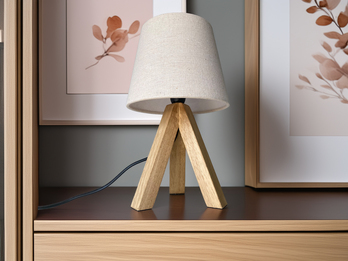 Tischlampe mit Holz Dreibein & E14 Leinen Stoffschirm Beige, Höhe 27cm