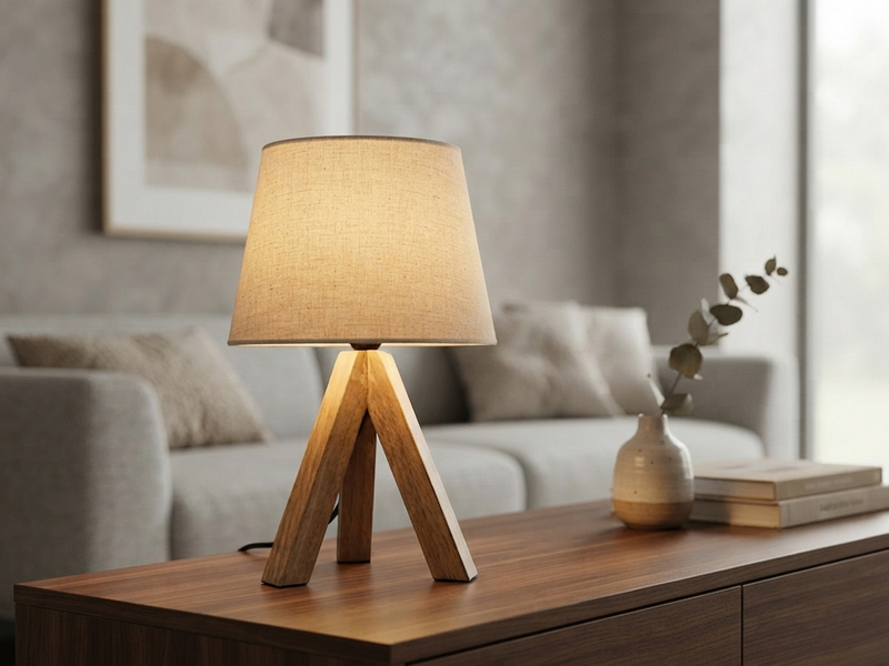 Tischlampe mit Holz Dreibein & E14 Leinen Stoffschirm Beige, Höhe 27cm