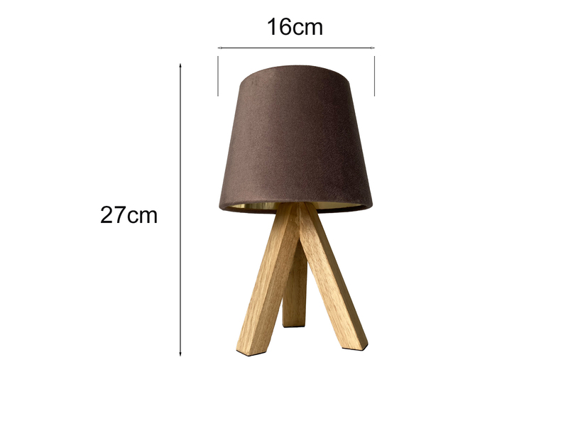 Kleine Tischlampe mit Dreibein aus Holz, Samtschirm Braun Gold, Höhe 27cm