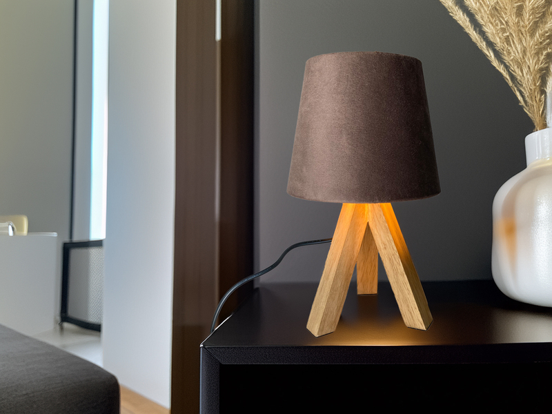 Tischlampe mit Dreibein aus Holz, Samtschirm Braun Gold, Höhe 27cm