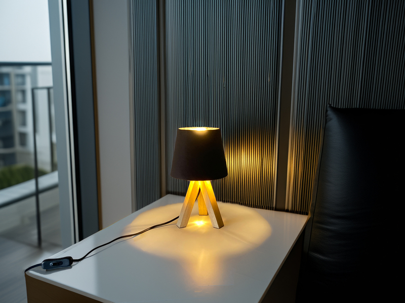 Tischlampe mit Dreibein aus Holz, Samtschirm Braun Gold, Höhe 27cm