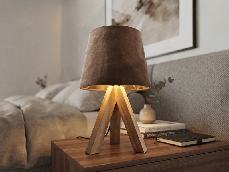 Tischlampe mit Holz Dreibein & E14 Samtschirm Braun Gold, Höhe 27cm