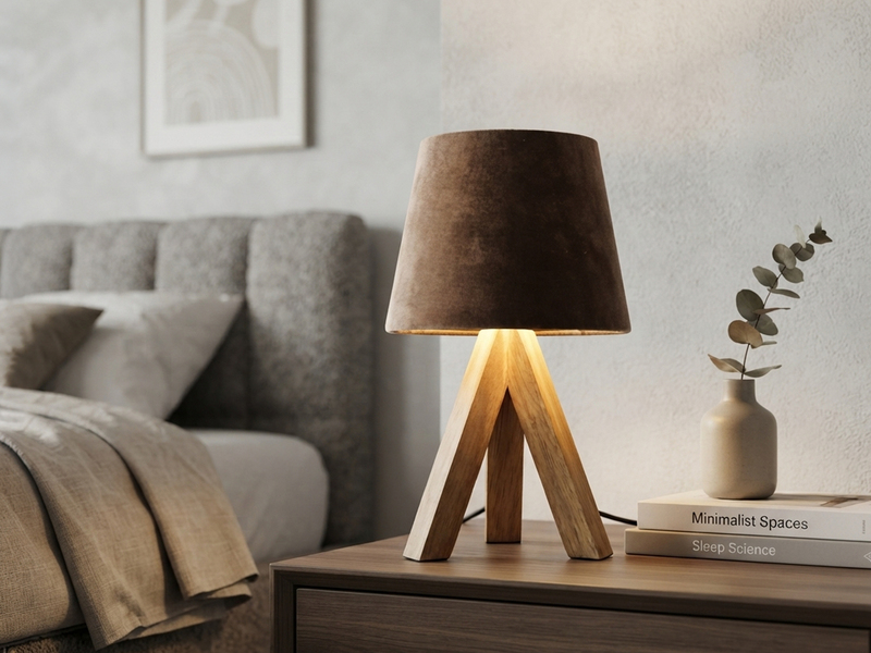 Tischlampe mit Holz Dreibein & E14 Samtschirm Braun Gold, Höhe 27cm