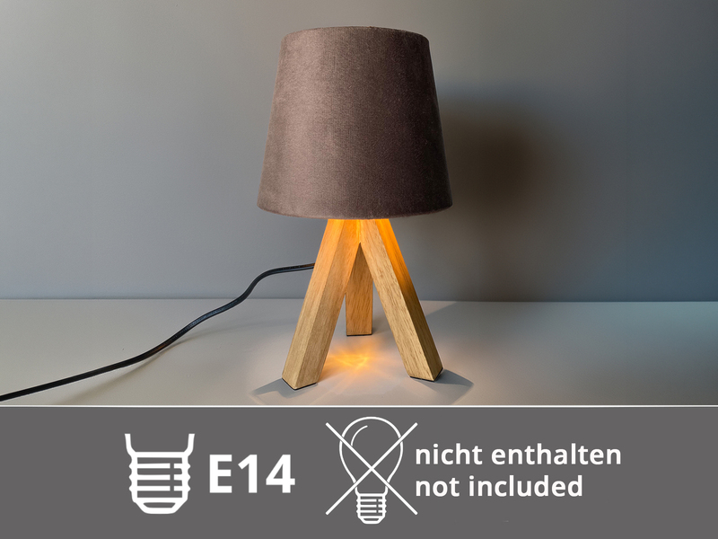 Tischlampe mit Holz Dreibein & E14 Samtschirm Braun Gold, Höhe 27cm