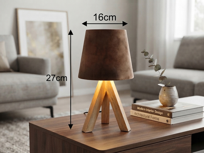 Tischlampe mit Holz Dreibein & E14 Samtschirm Braun Gold, Höhe 27cm