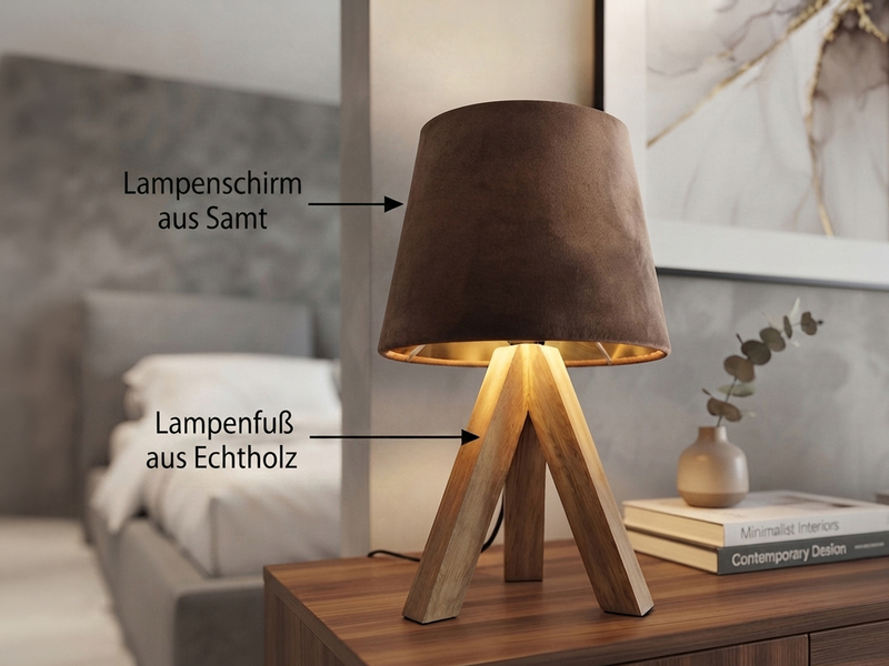 Tischlampe mit Holz Dreibein & E14 Samtschirm Braun Gold, Höhe 27cm