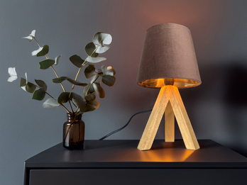 Tischlampe mit Holz Dreibein & E14 Samtschirm Braun Gold, Höhe 27cm
