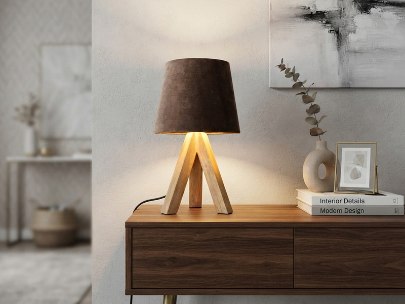 Tischlampe mit Holz Dreibein & E14 Samtschirm Braun Gold, Höhe 27cm