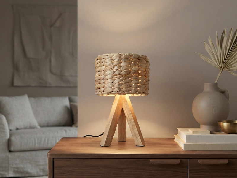 Kleine Tischlampe mit Holz Dreibein & E14 Schirm Wasserhyazinthe, Höhe 26cm