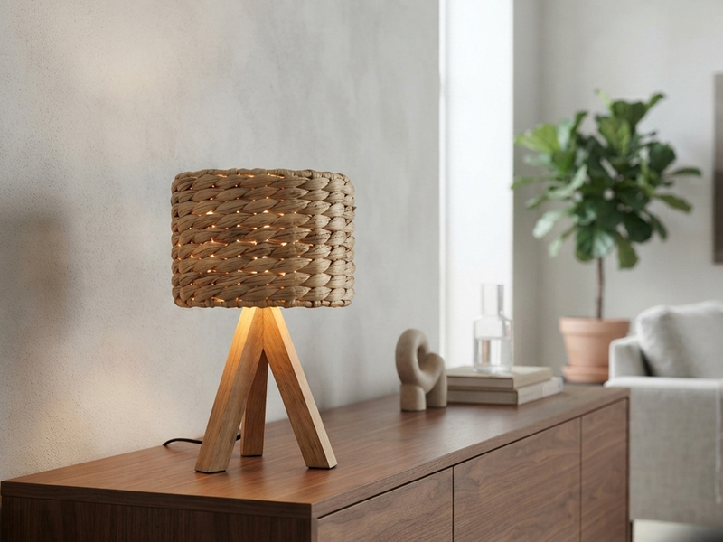 Kleine Tischlampe mit Holz Dreibein & E14 Schirm Wasserhyazinthe, Höhe 26cm