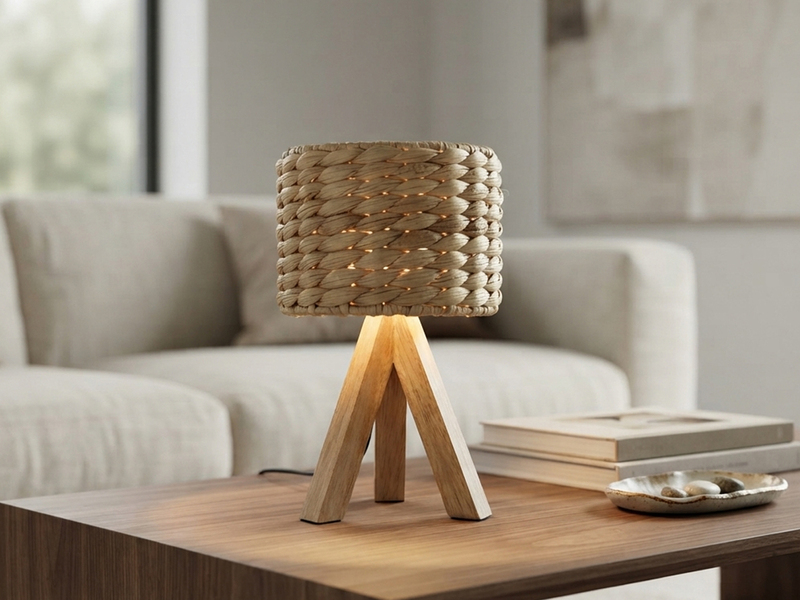 Kleine Tischlampe mit Holz Dreibein & E14 Schirm Wasserhyazinthe, Höhe 26cm