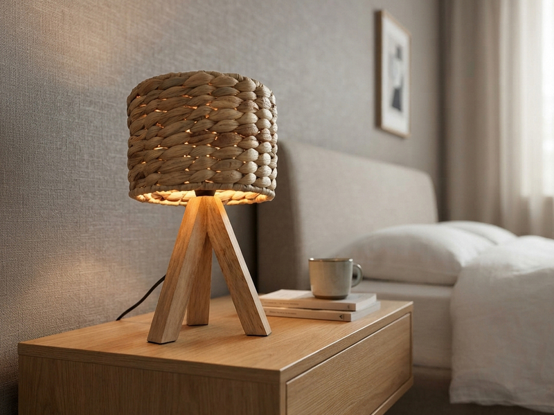 Kleine Tischlampe mit Holz Dreibein & E14 Schirm Wasserhyazinthe, Höhe 26cm