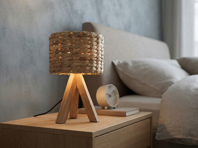 Kleine Tischlampe mit Holz Dreibein & E14 Schirm Wasserhyazinthe, Höhe 26cm