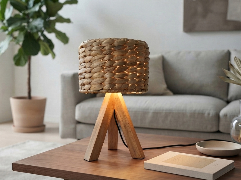 Kleine Tischlampe mit Holz Dreibein & E14 Schirm Wasserhyazinthe, Höhe 26cm