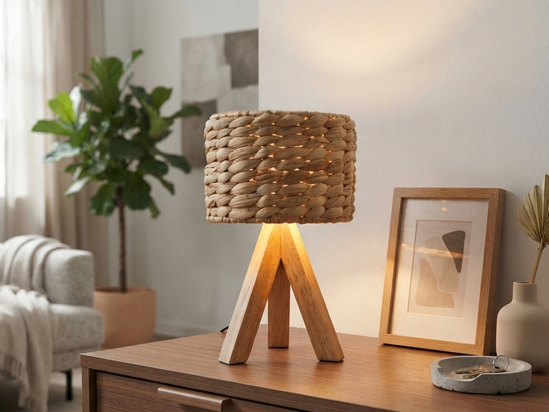 Kleine Tischlampe mit Holz Dreibein & E14 Schirm Wasserhyazinthe, Höhe 26cm