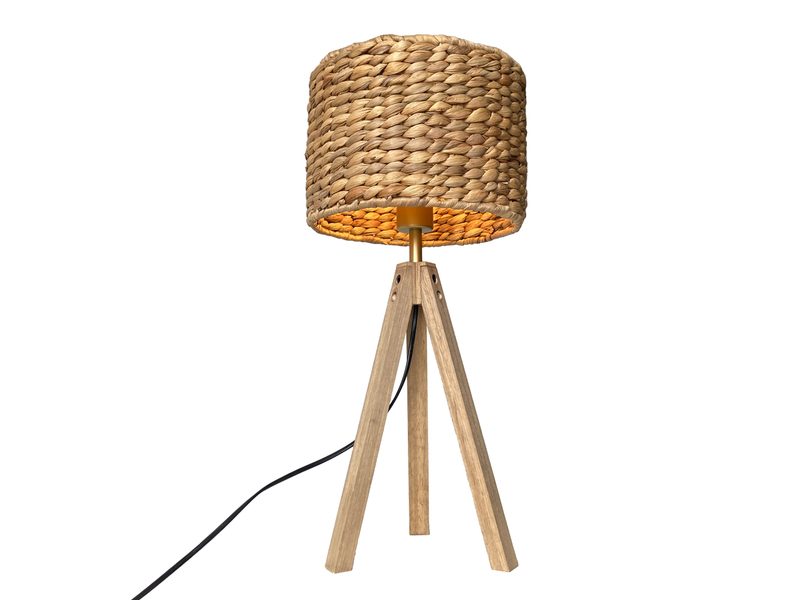 Große Tischlampe mit Holz Dreibein & E27 Schirm Wasserhyazinthe, Höhe 57cm