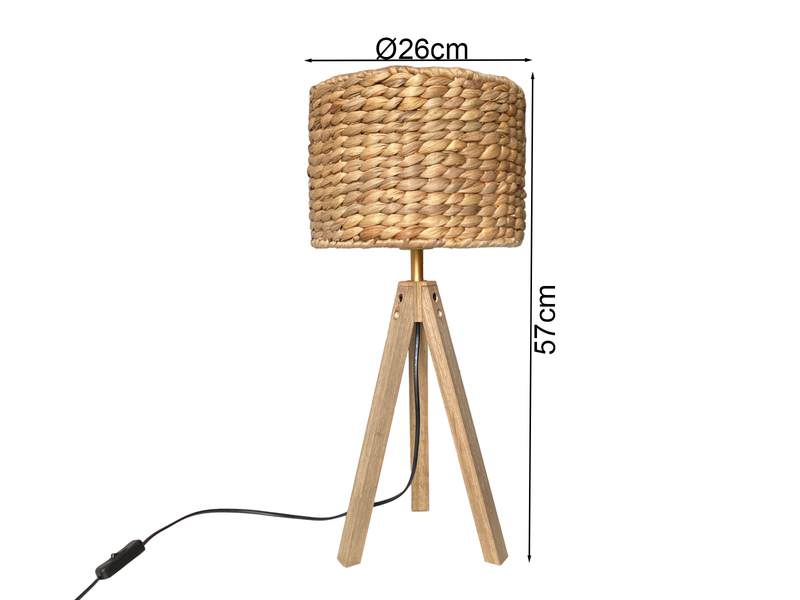 Große Tischlampe mit Holz Dreibein, Korb Lampenschirm Wasserhyazinthe, H. 57cm