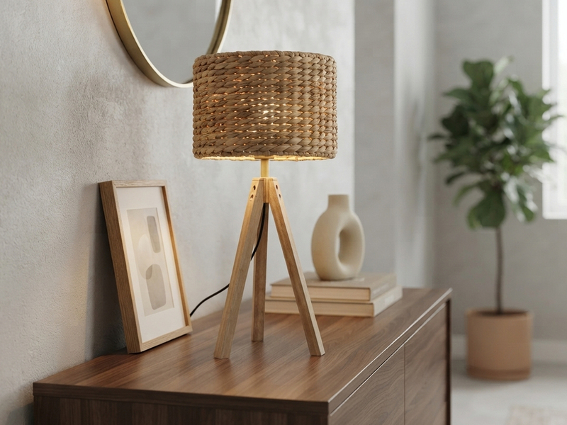 Große Tischlampe mit Holz Dreibein & E27 Schirm Wasserhyazinthe, Höhe 57cm