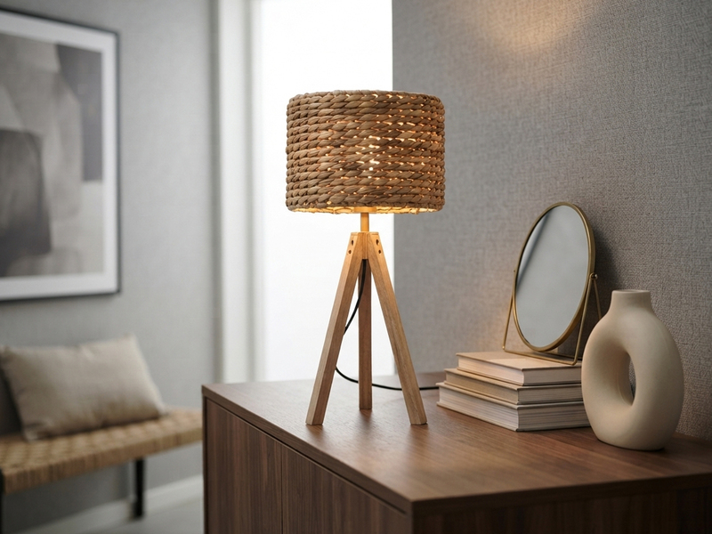 Große Tischlampe mit Holz Dreibein & E27 Schirm Wasserhyazinthe, Höhe 57cm