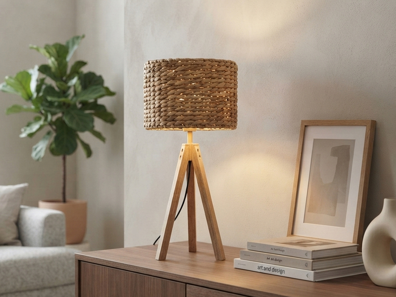 Große Tischlampe mit Holz Dreibein & E27 Schirm Wasserhyazinthe, Höhe 57cm