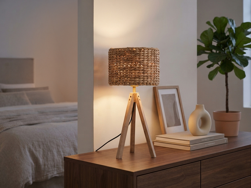 Große Tischlampe mit Holz Dreibein & E27 Schirm Wasserhyazinthe, Höhe 57cm
