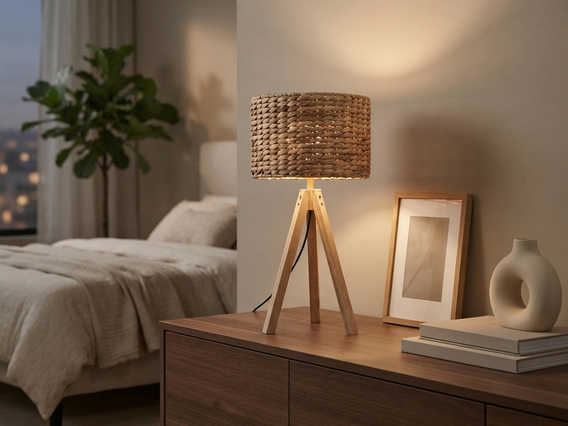 Große Tischlampe mit Holz Dreibein & E27 Schirm Wasserhyazinthe, Höhe 57cm