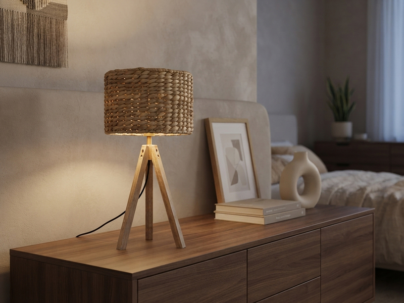 Große Tischlampe mit Holz Dreibein & E27 Schirm Wasserhyazinthe, Höhe 57cm