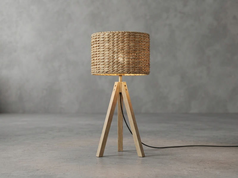 Große Tischlampe mit Holz Dreibein & E27 Schirm Wasserhyazinthe, Höhe 57cm