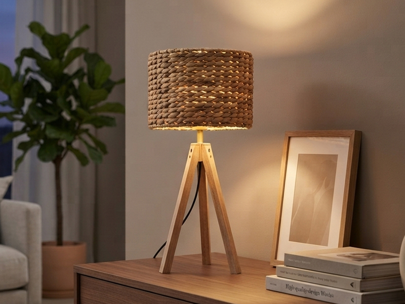 Große Tischlampe mit Holz Dreibein & E27 Schirm Wasserhyazinthe, Höhe 57cm