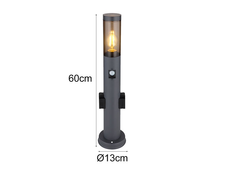 LED Wegeleuchte mit Bewegungsmelder & Steckdosen in Anthrazit & Rauch, H 60cm