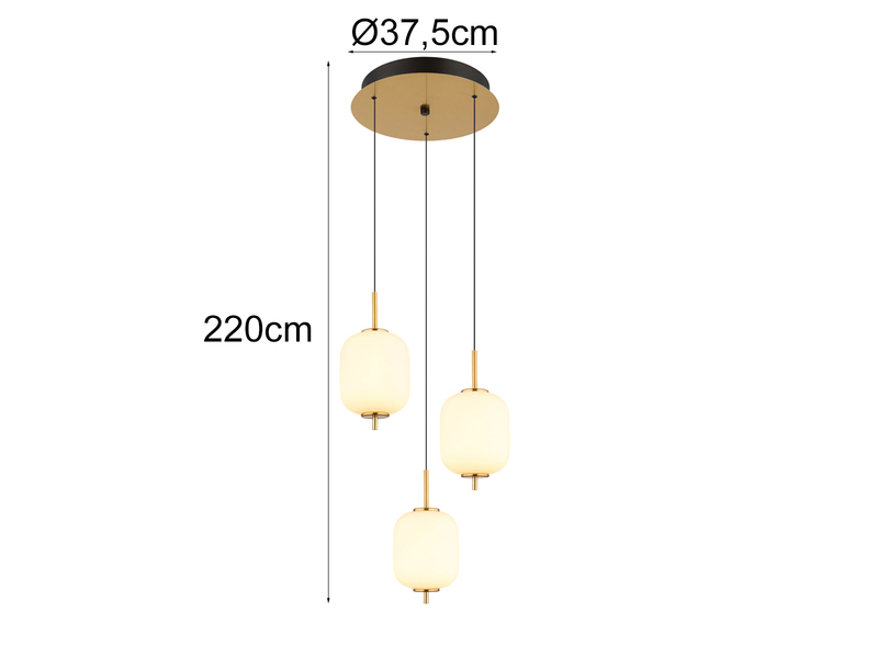 LED Retro Pendelleuchte EWALD 3-flammig aus Metall Messing & Opalglas, Ø37,5cm