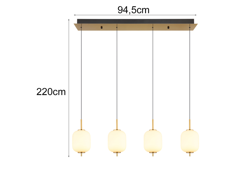 LED Balkenpendelleuchte EWALD 4-flammig aus Metall Messing & Opalglas, B 94,5cm