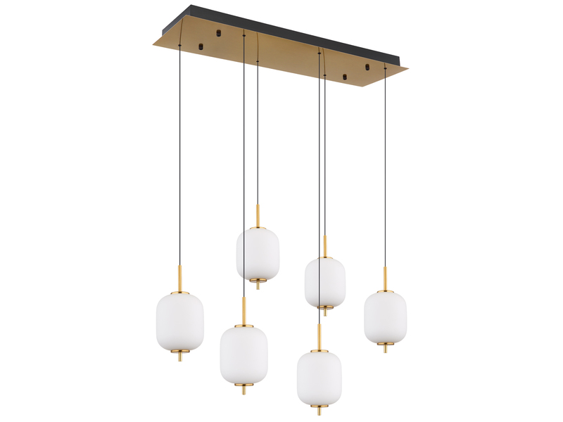 LED Pendelleuchte EWALD 6-flammig aus Metall Messing & Opalglas, B: 80,5cm