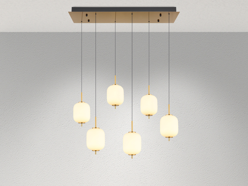 LED Pendelleuchte EWALD 6-flammig aus Metall Messing & Opalglas, B: 80,5cm
