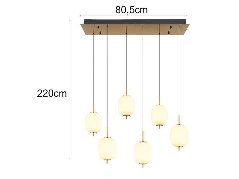 LED Pendelleuchte EWALD 6-flammig aus Metall Messing & Opalglas, B: 80,5cm
