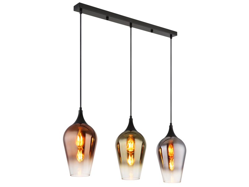 Ausgefallene Pendelleuchte LAVUS mit drei bunten Glasschirmen, Breite 83cm