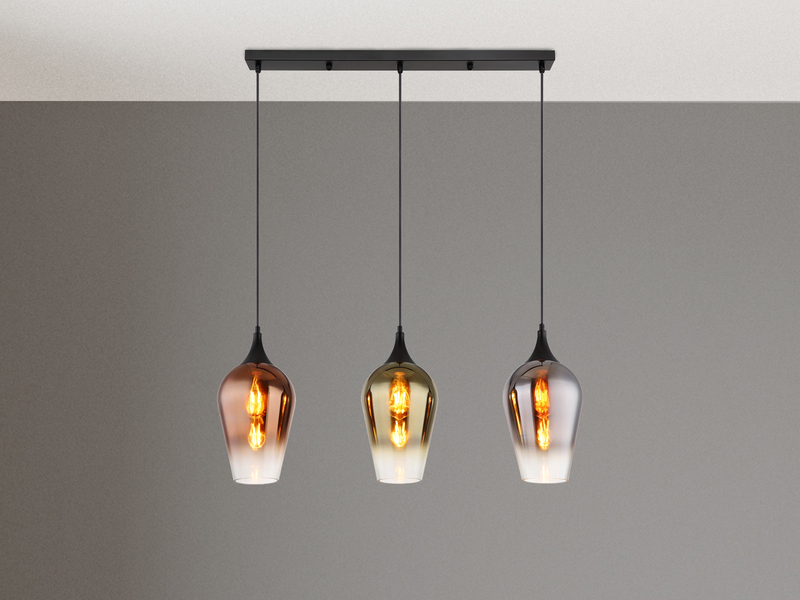 Ausgefallene Pendelleuchte LAVUS mit drei bunten Glasschirmen, Breite 83cm