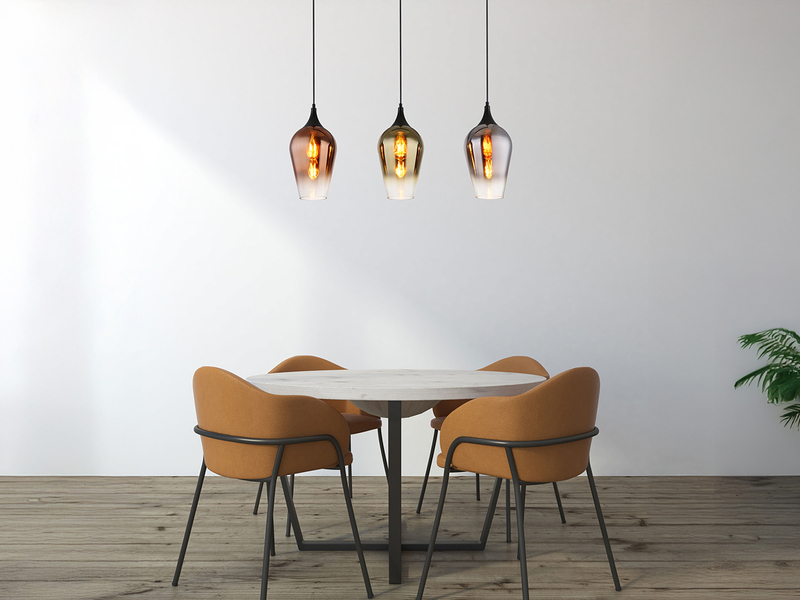 Ausgefallene Pendelleuchte LAVUS mit drei bunten Glasschirmen, Breite 83cm