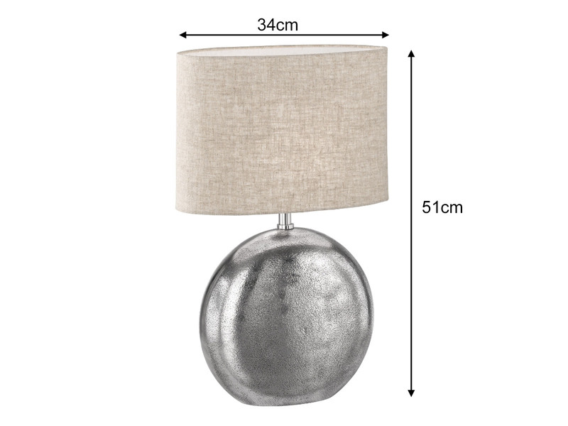 Tischleuchte CHAMBERY, Metallfuß Silber Antik, Leinenschirm Beige, Höhe 51cm