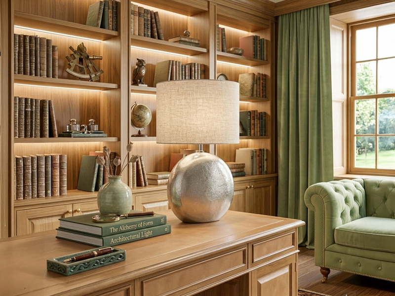 Tischleuchte CHAMBERY, Metallfuß Silber Antik, Leinenschirm Beige, Höhe 51cm