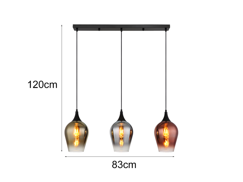 Ausgefallene Balkenpendelleuchte LAVUS 3-flammig Glasschirme bunt, B: 83cm