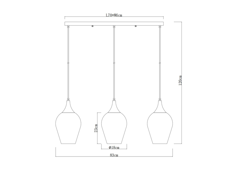 Ausgefallene Balkenpendelleuchte LAVUS 3-flammig Glasschirme bunt, B: 83cm