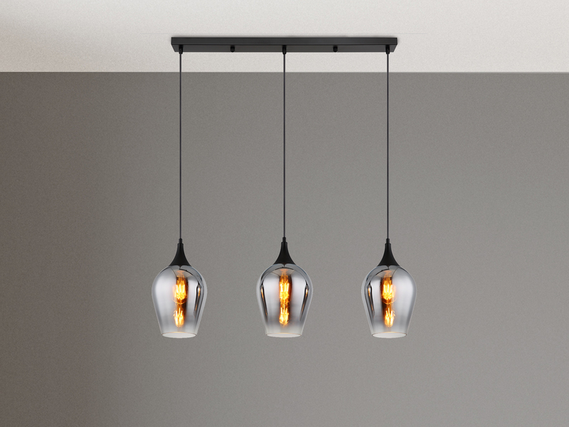 Ausgefallene Pendelleuchte LAVUS mit drei Rauchglas Schirmen, Breite 83cm