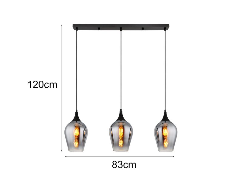 Ausgefallene Pendelleuchte LAVUS mit drei Rauchglas Schirmen, Breite 83cm