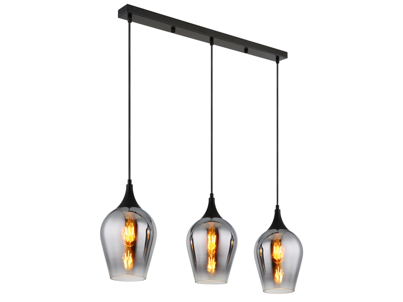 Ausgefallene Pendelleuchte LAVUS mit drei Rauchglas Schirmen, Breite 83cm